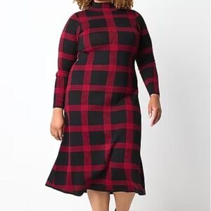 NEW Danny & Nicole Long Sleeve Midi Sweater Dress Womens 2X Black Red Windowpane